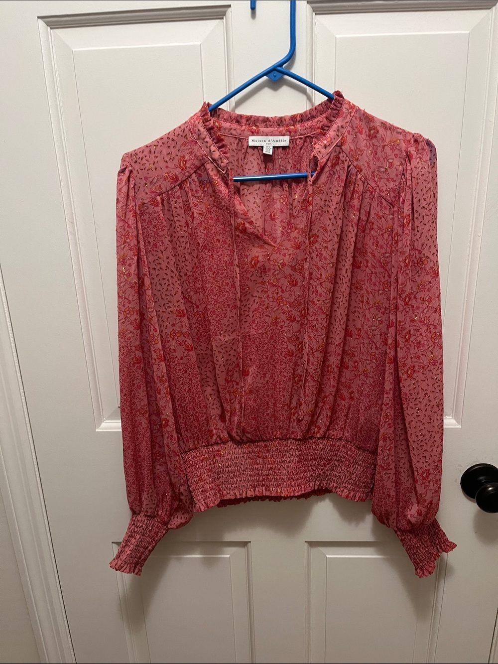Maison Amelie Pink Floral Long-Sleeve Blouse with undershirt